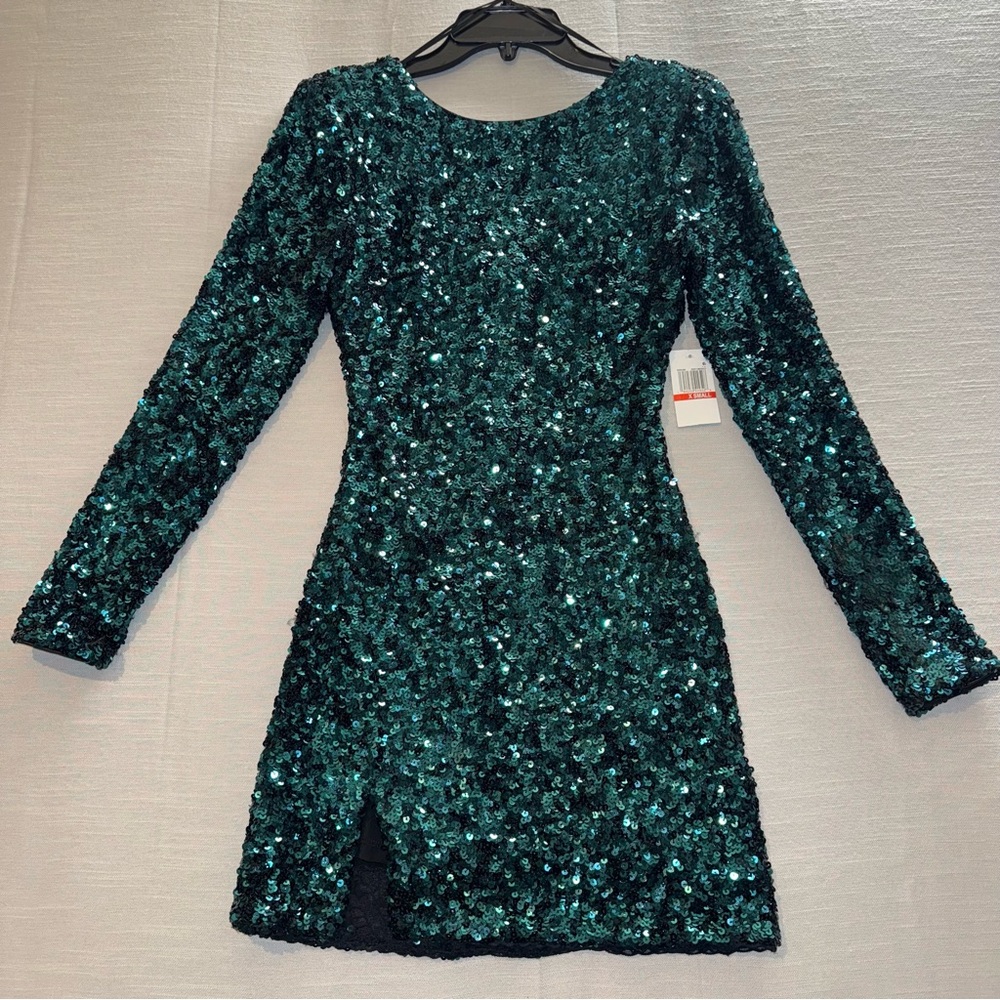 Dress The Population Women's Deep Emerald Round-Neck Sequin Mini Dress Size XS